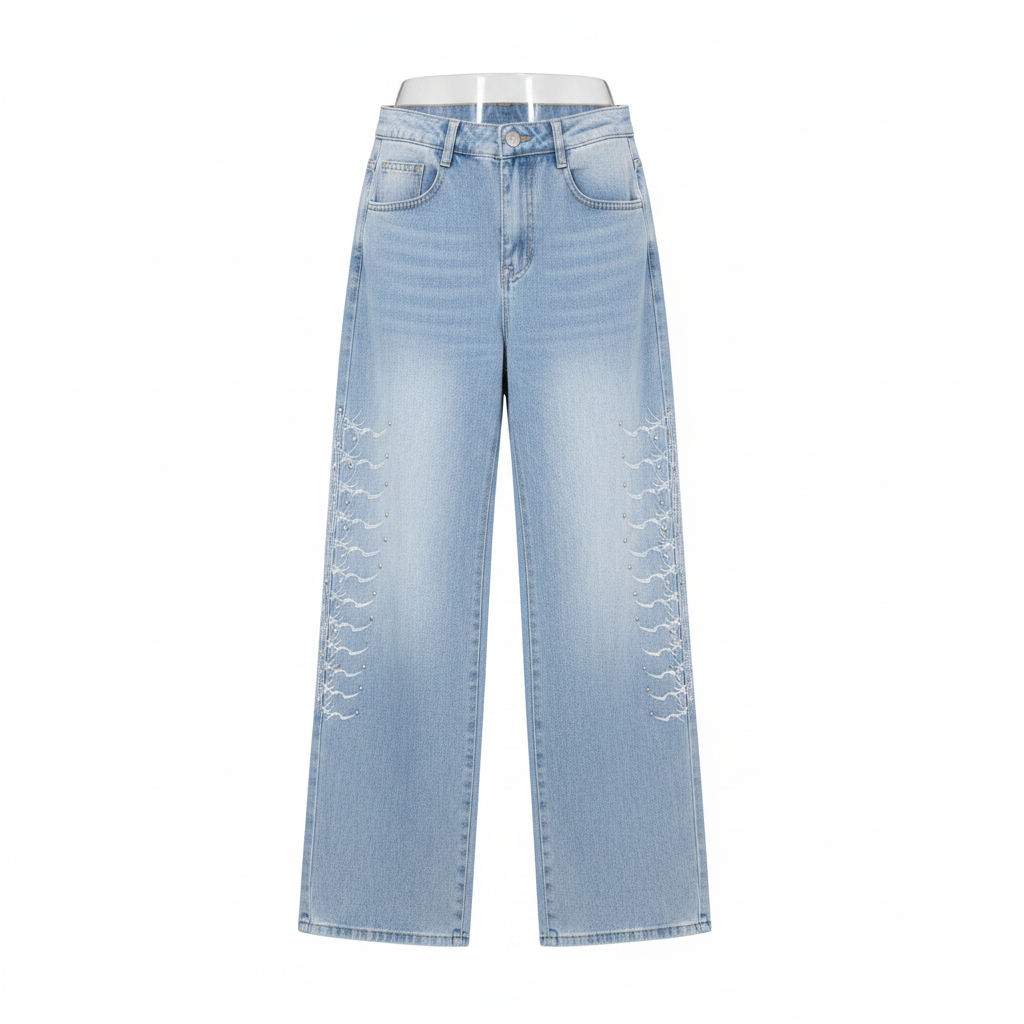 Ghost mannequin of light blue rhinestone embellished wide-leg jeans
