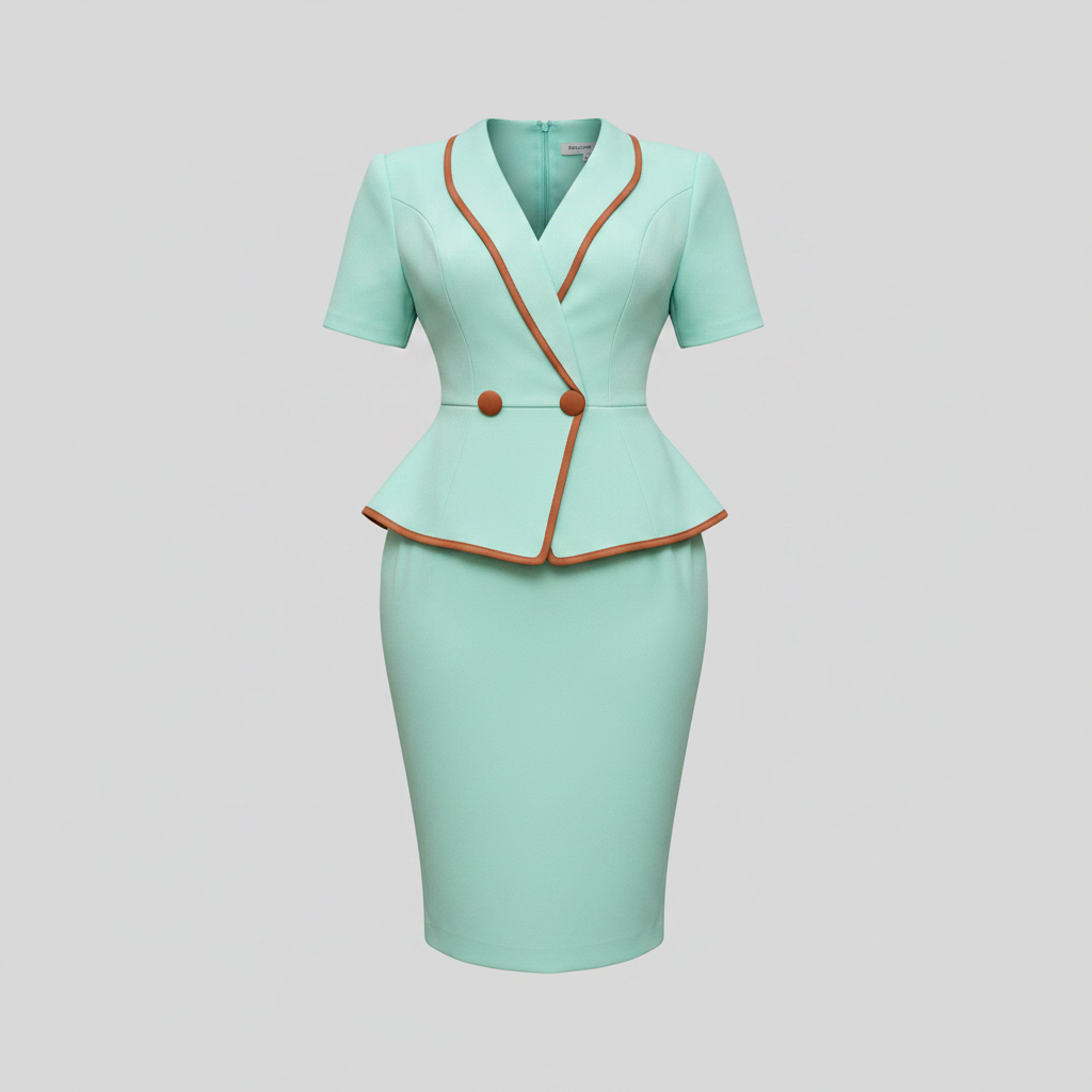 Ghost mannequin view of the mint peplum skirt suit with orange trim
