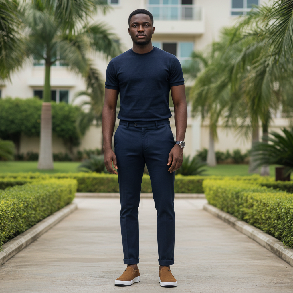 Nigerian male model wearing tan brown suede slip-on sneakers with white sole in garden setting