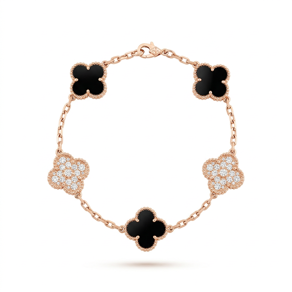 Rose-tone black clover and stone charm bracelet on white
