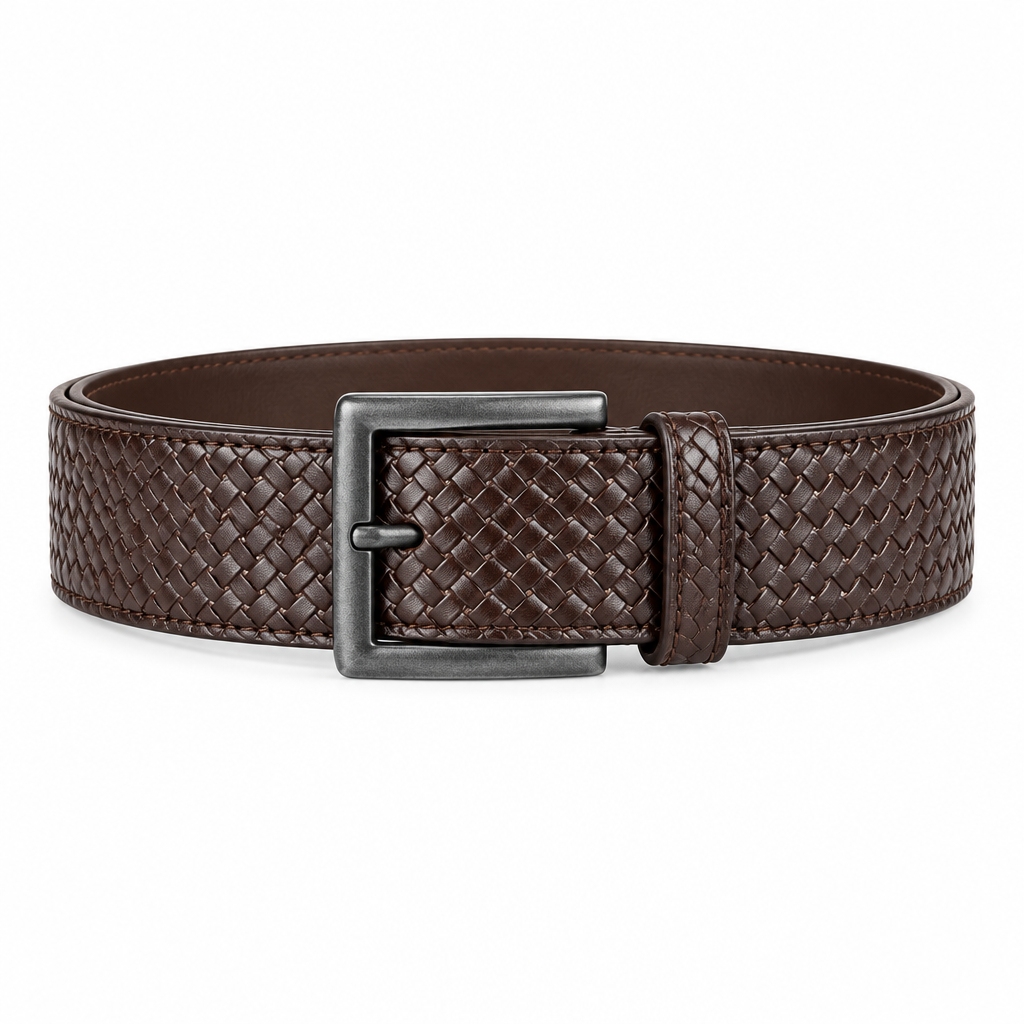 Dark Chocolate Woven Basket-Weave Leather Belt - Front View
