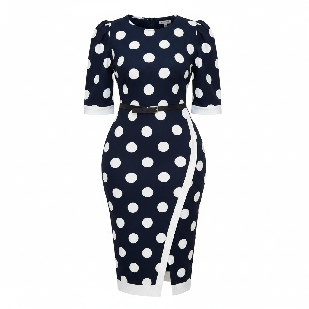 Women's navy blue white polka dot puff sleeve belted bodycon midi dress - ghost mannequin view