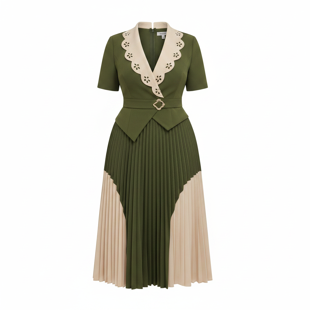 Olive green and cream colour-block pleated midi gown with scalloped lace collar and gold belt, ghost mannequin view