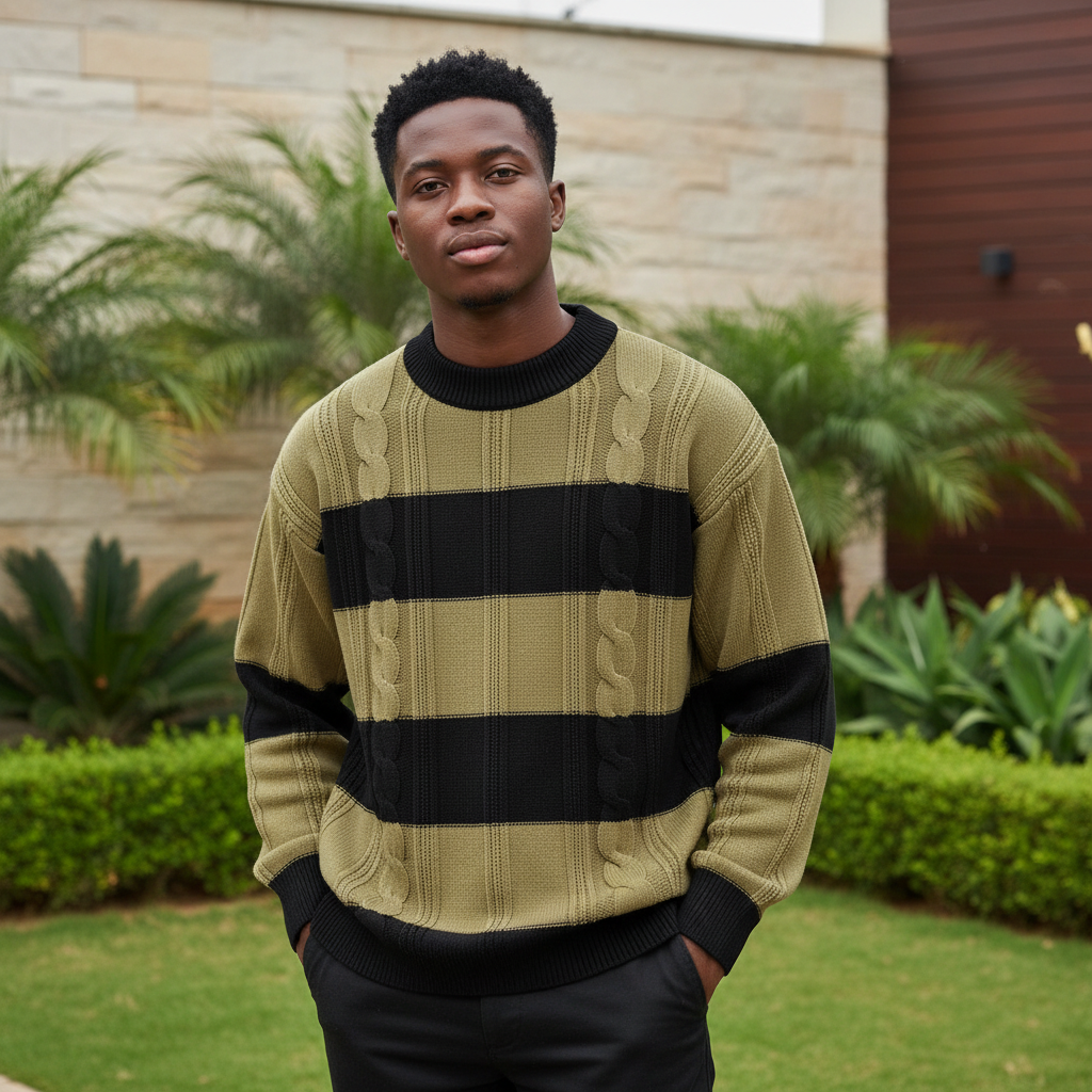 Nigerian male model wearing men's olive black stripe cable knit sweater