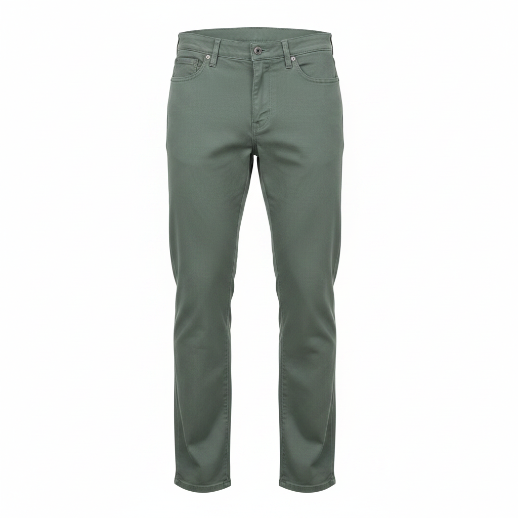 Olive green trousers on ghost mannequin, white background