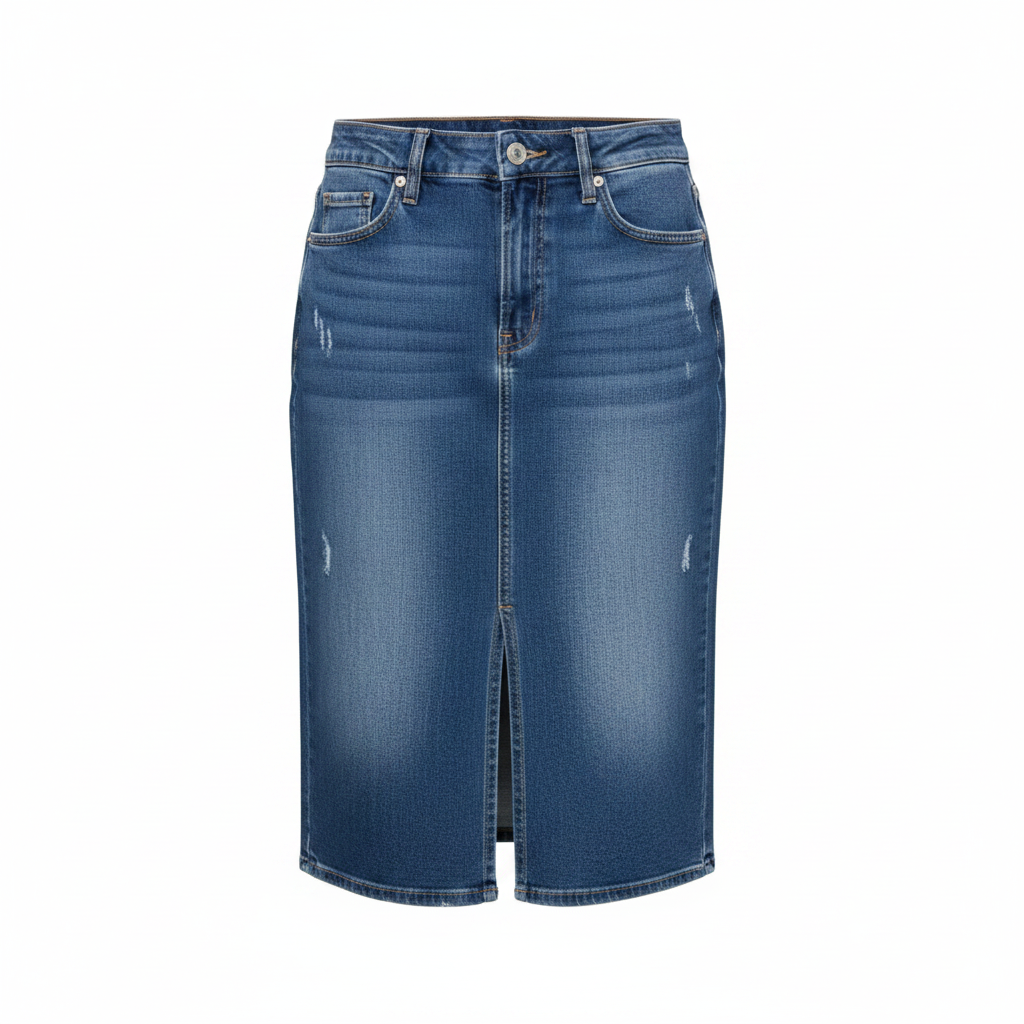 Ghost Mannequin – Distressed Blue Denim Midi Skirt