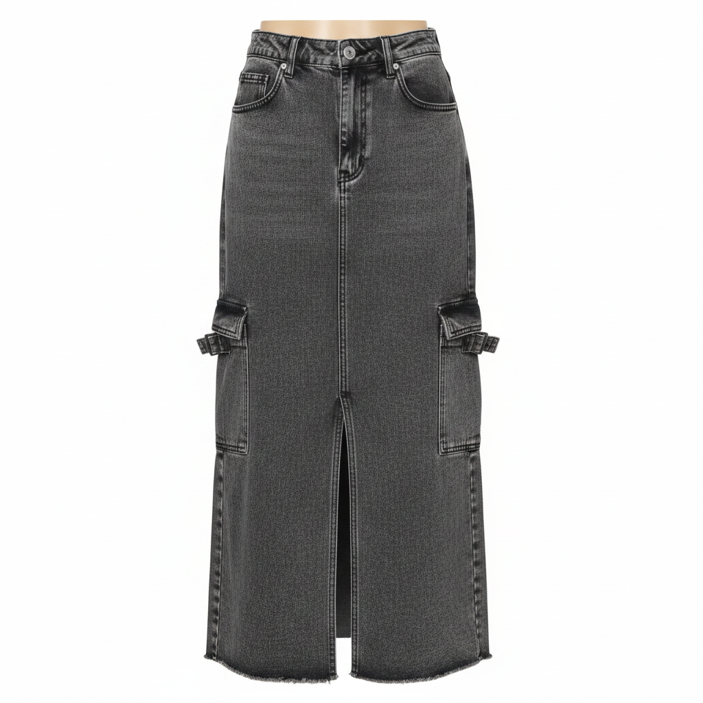 Charcoal Grey Acid Wash Cargo Denim Maxi Skirt - Ghost Mannequin Front