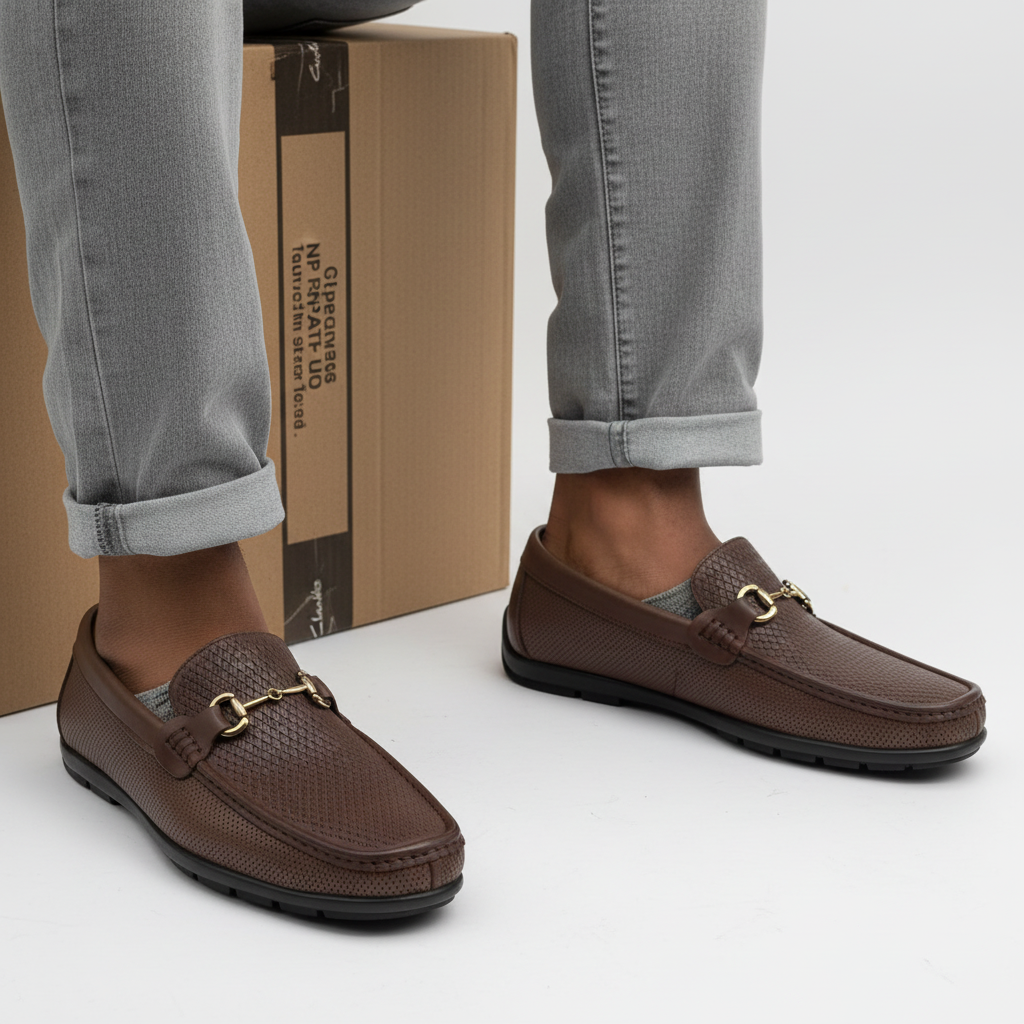 Men's Dark Brown Woven Leather Gold Horsebit Loafers – Leg Model Shot