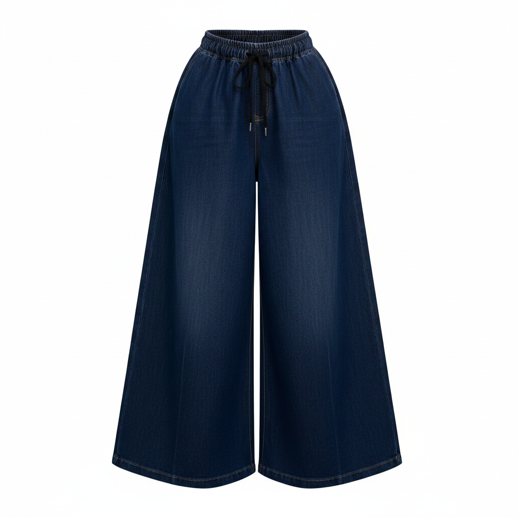 Women's dark navy wide-leg baggy denim trousers ghost mannequin front view