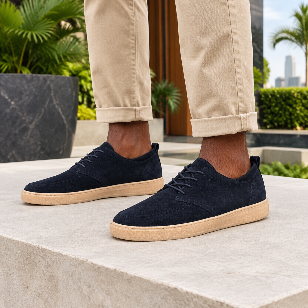 Man wearing navy suede lace-up sneakers with rolled chinos