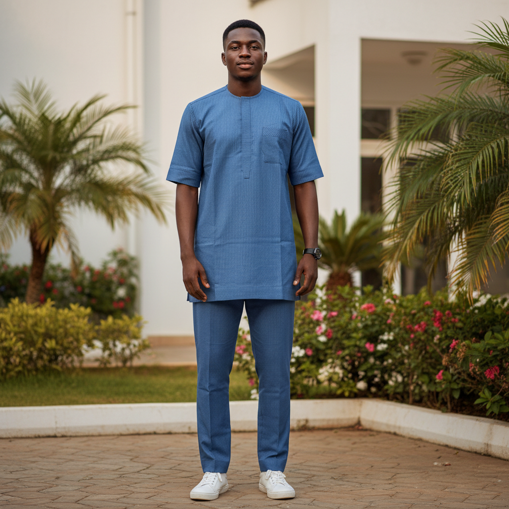 Model wearing steel blue pinstripe senator set