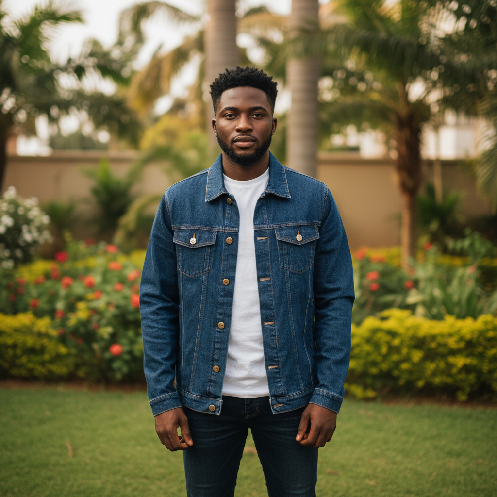 Nigerian male model wearing navy blue denim trucker jacket
