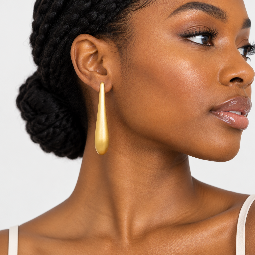 Gold Elongated Teardrop Drop Earrings – Model Shot