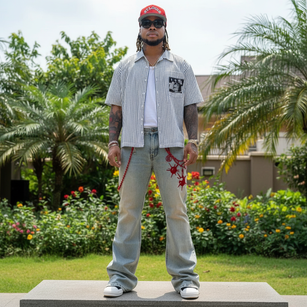 Nigerian male model full body wearing men's light blue wide-leg flared jeans with red chain embroidery