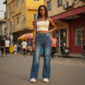 Young Nigerian model wearing Monogram Cargo Flare Jeans