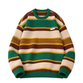 Green brown and cream striped crew-neck knit sweater with yellow accents