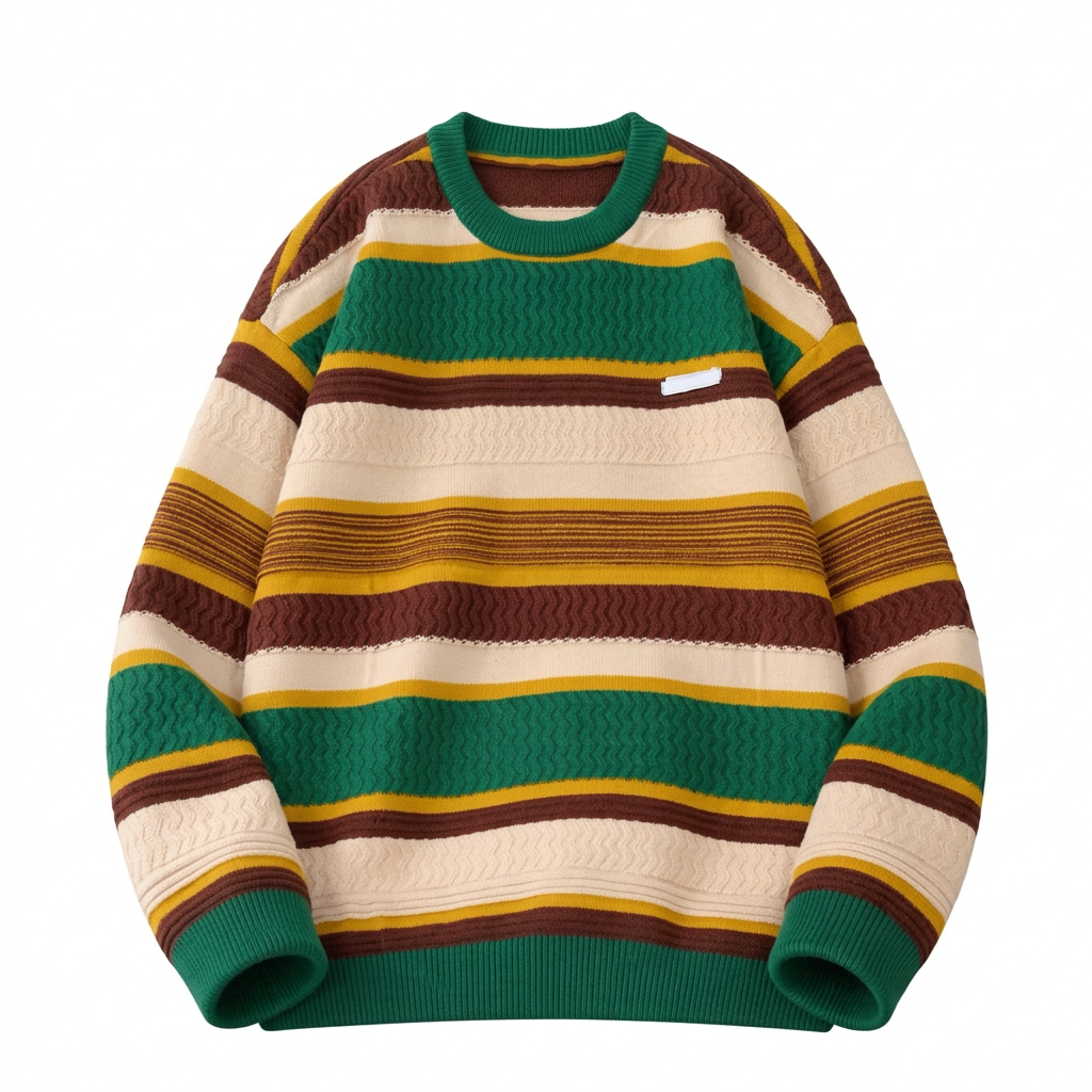 Green brown and cream striped crew-neck knit sweater with yellow accents