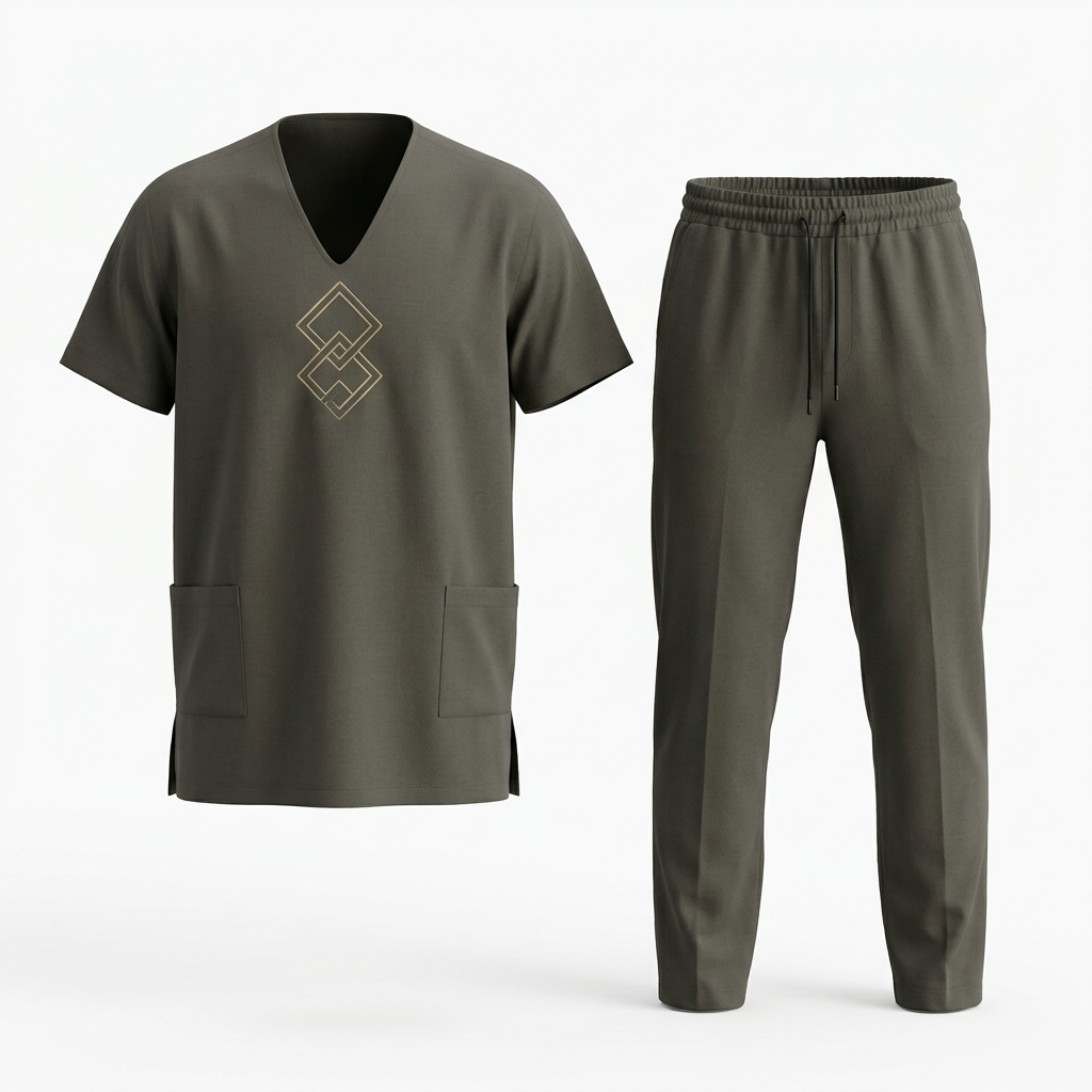 Dark olive V-neck tunic and trouser set with geometric chest embroidery on plain white