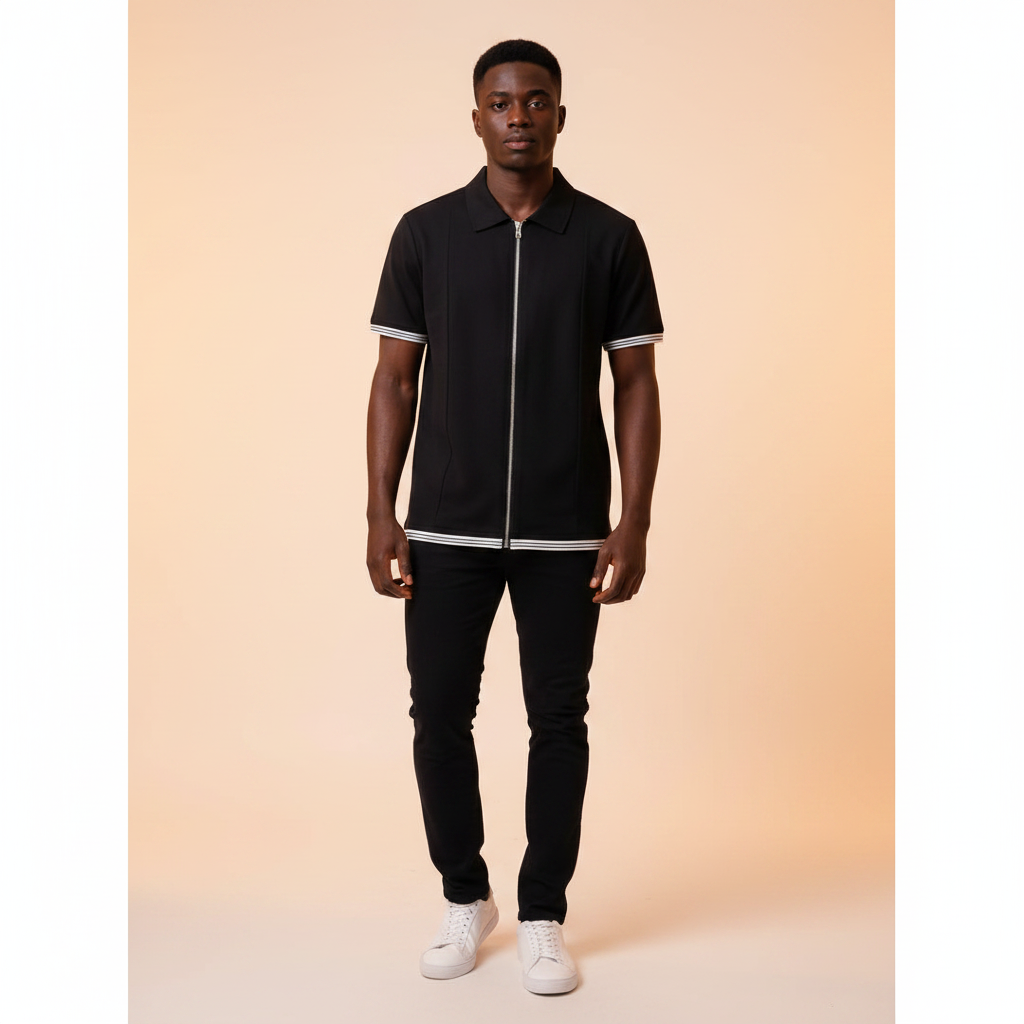 Chukmore Black Full-Zip Polo Shirt with Contrast Tipping - Model Shot