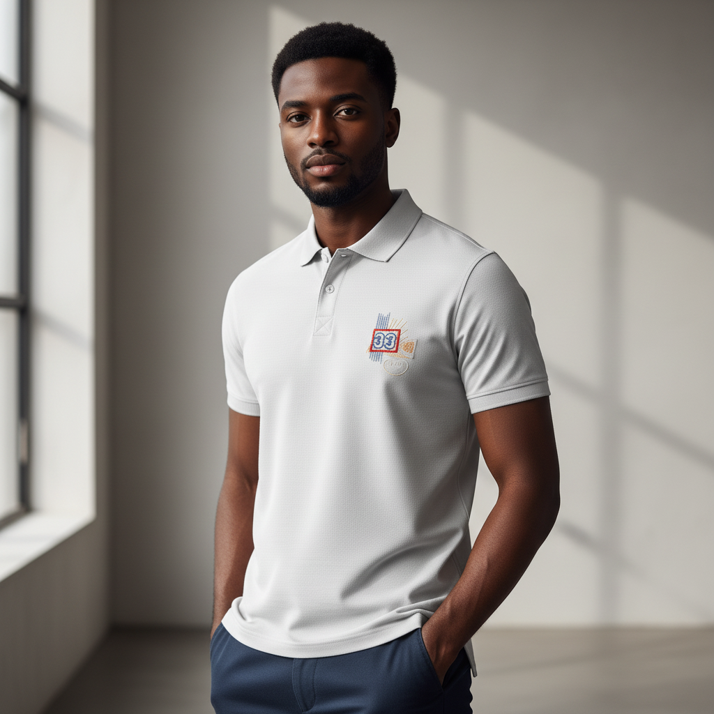Young Nigerian male model wearing white polo shirt with number 33 embroidered chest patch