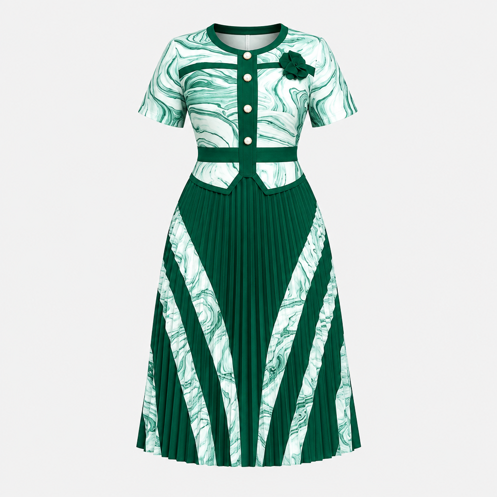 Green and white patterned pleated dress on invisible mannequin