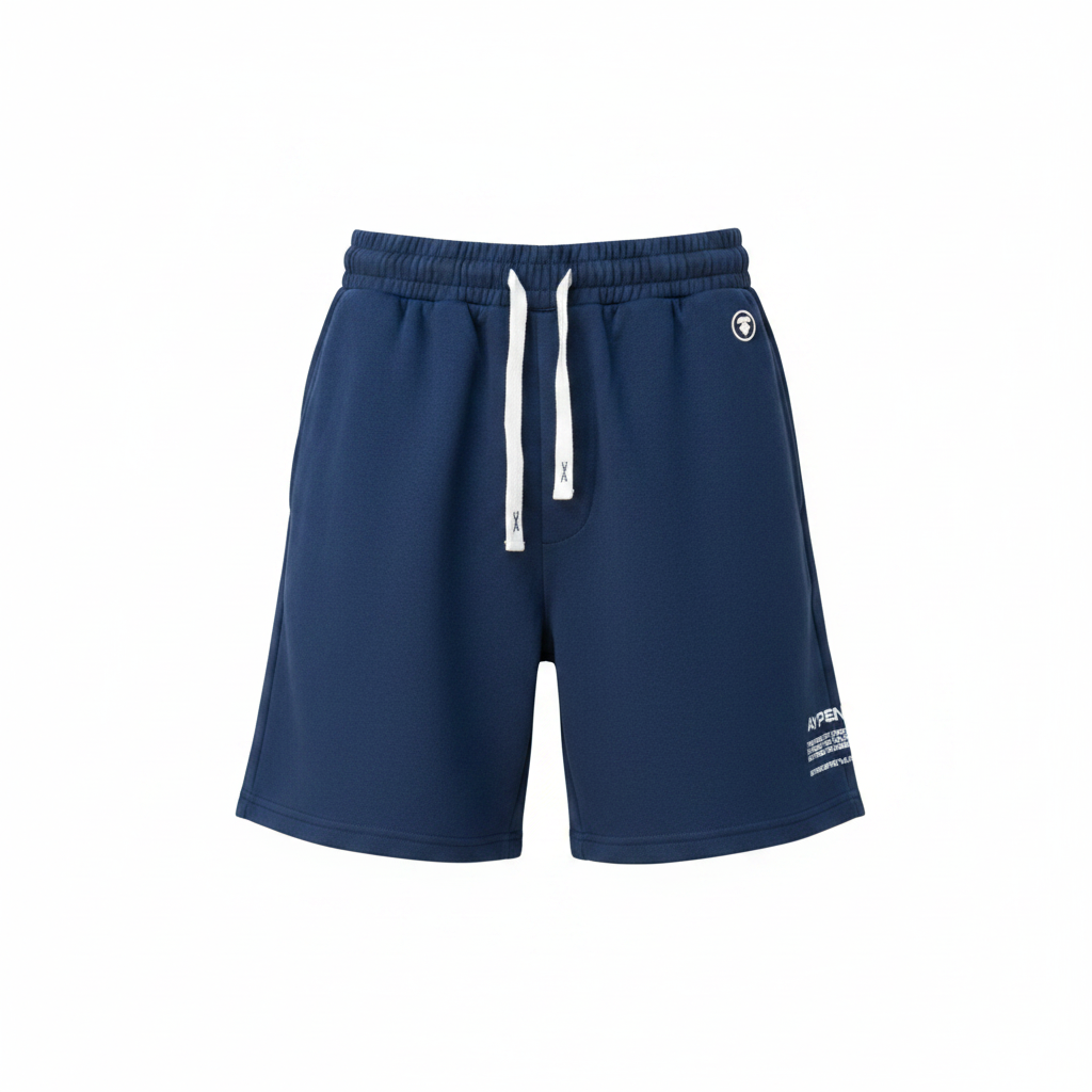 Ghost mannequin front view of navy blue fleece drawstring shorts with circle logo badge and white text print