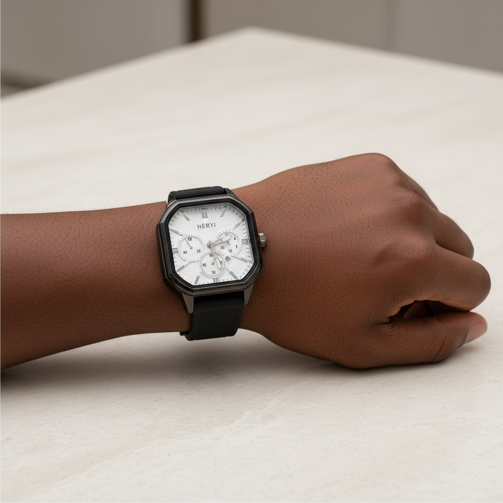 White multi-dial square watch worn on a wrist