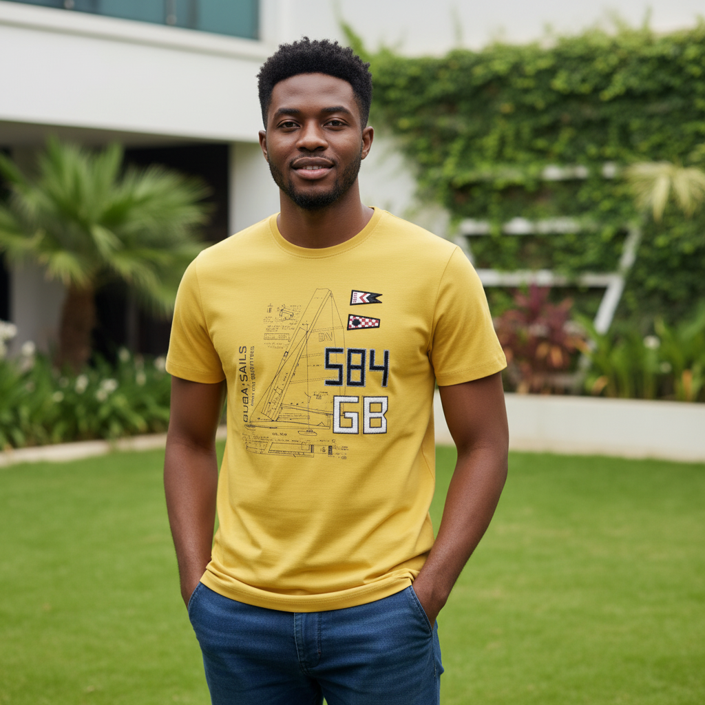 Sailing Blueprint Graphic Tee – Mustard on model