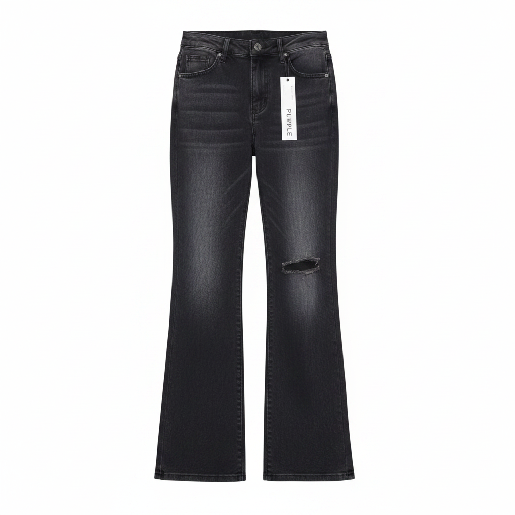 Ghost mannequin of washed black ripped knee flared jeans