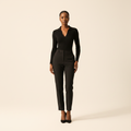 Women's Black Collared V-Neck Long-Sleeve Fitted Top - Nigerian Female Model