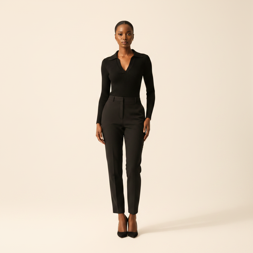 Women's Black Collared V-Neck Long-Sleeve Fitted Top - Nigerian Female Model