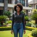Black polka dot long sleeve shirt - front model view