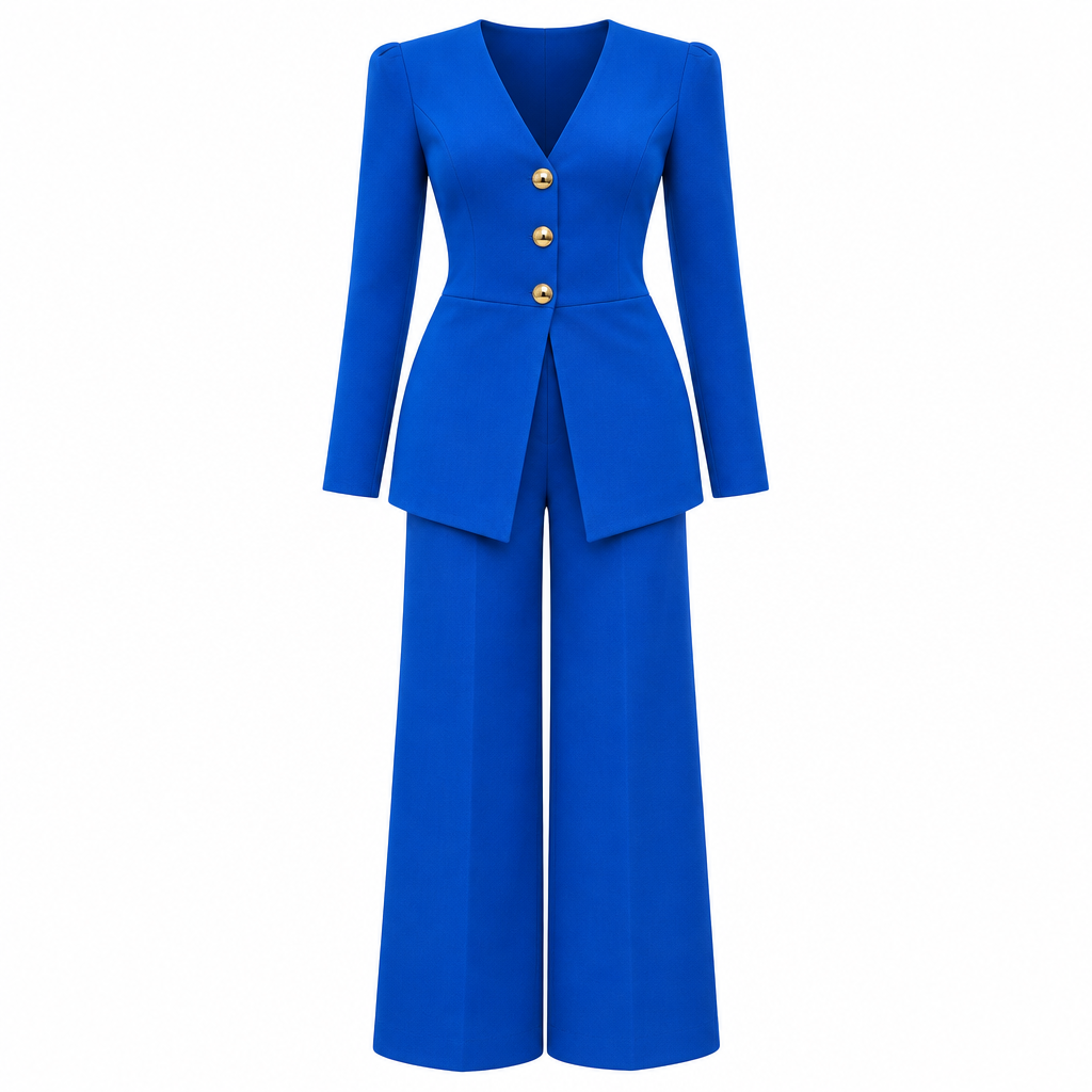 Royal Blue Peplum Blazer & Wide-Leg Trousers Set – Ghost Mannequin