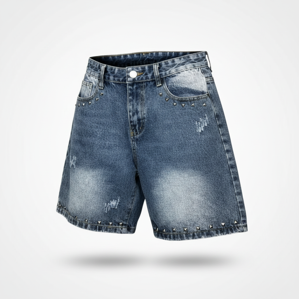 Studded faded denim shorts invisible mannequin view