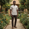 Young Nigerian male wearing light stone beige micro-texture woven short sleeve shirt