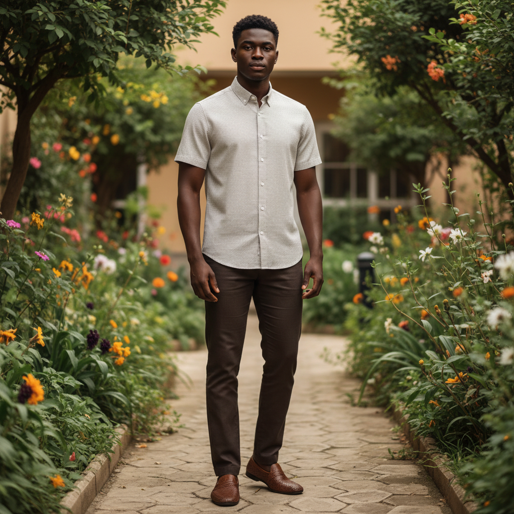 Young Nigerian male wearing light stone beige micro-texture woven short sleeve shirt