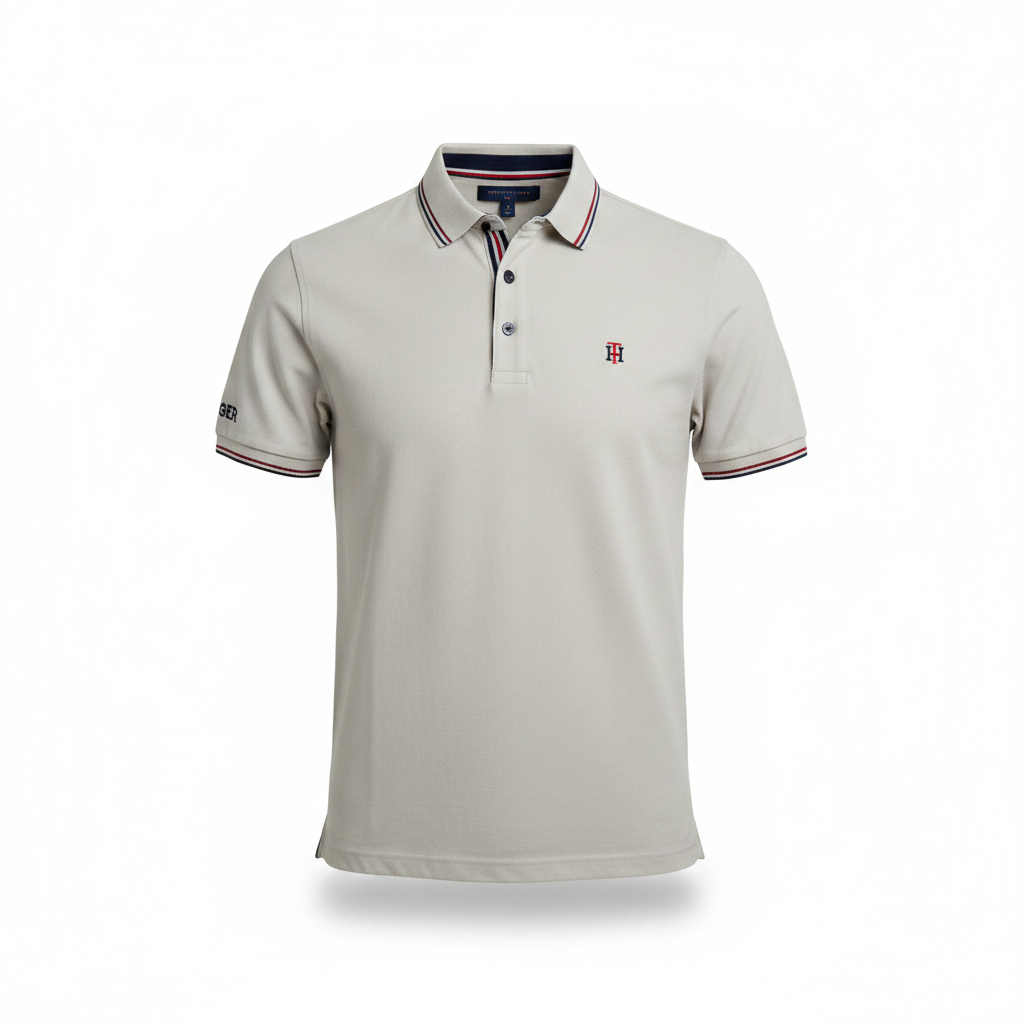 Ghost mannequin view of light grey polo shirt with navy and red stripe collar and cuffs