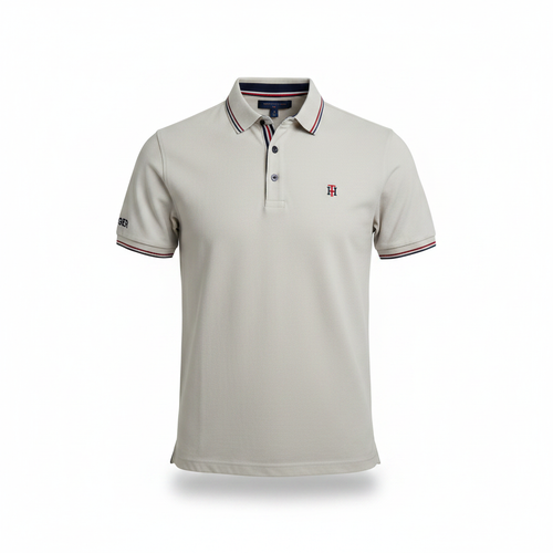 Ghost mannequin view of light grey polo shirt with navy and red stripe collar and cuffs