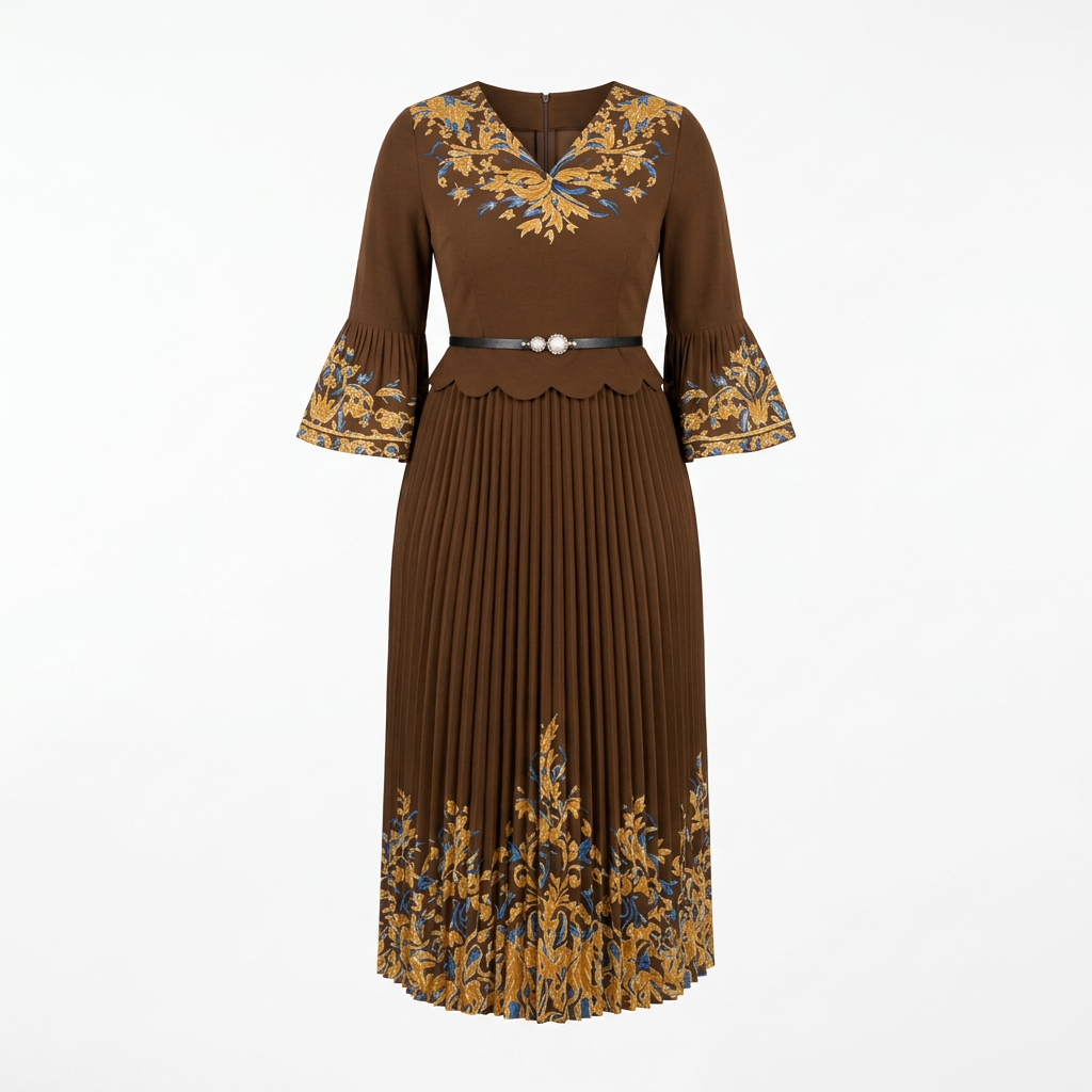 Brown botanical-border pleated midi dress catalog view