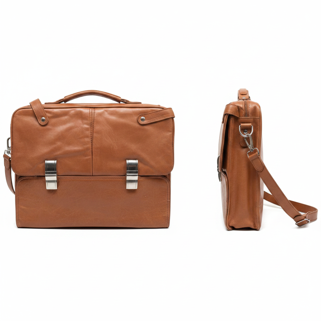 Tan cognac leather laptop bag ghost mannequin front and side view upright