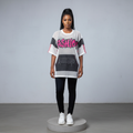 White Mesh Pink Graffiti Denim Patch Oversized Top - Model Front View