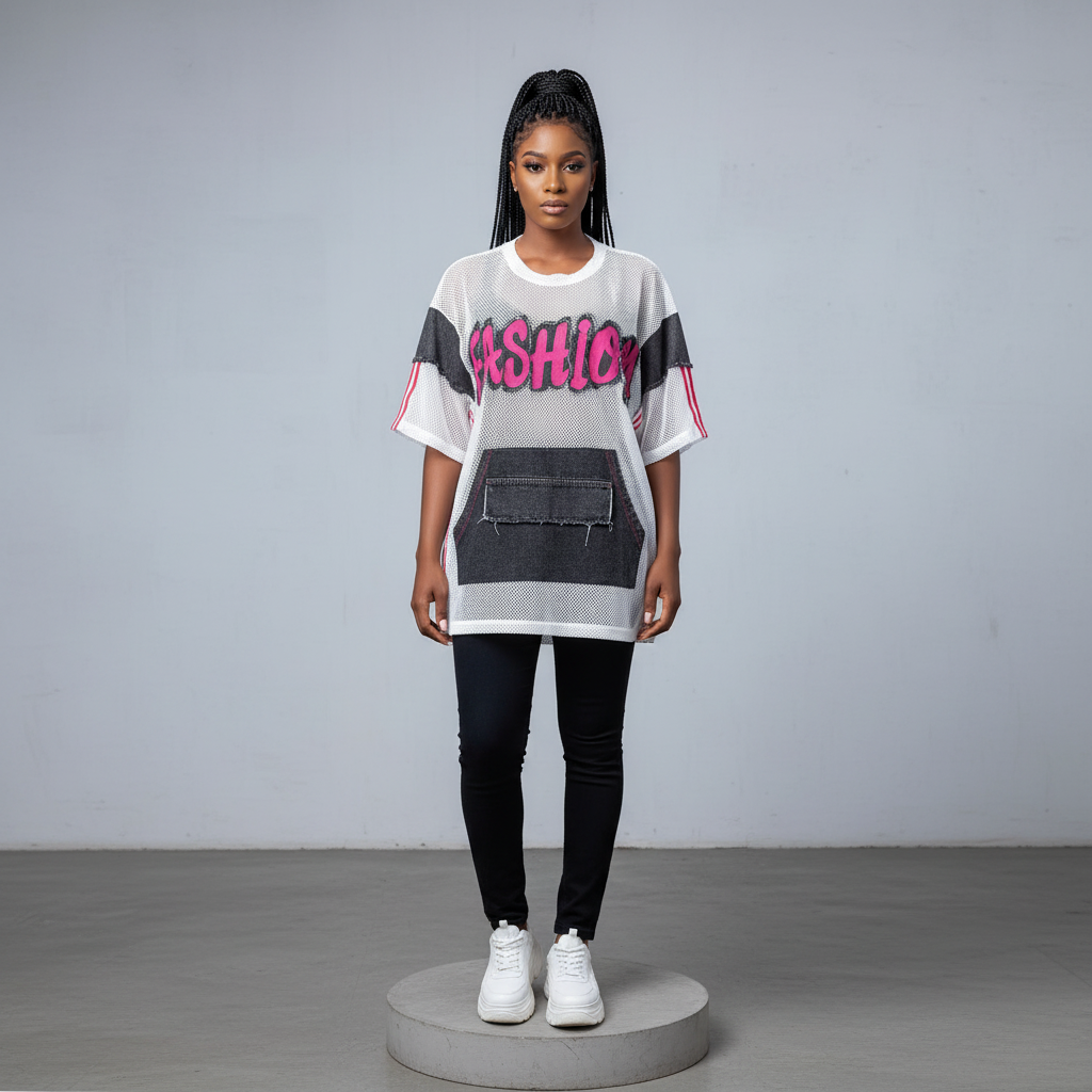 White Mesh Pink Graffiti Denim Patch Oversized Top - Model Front View