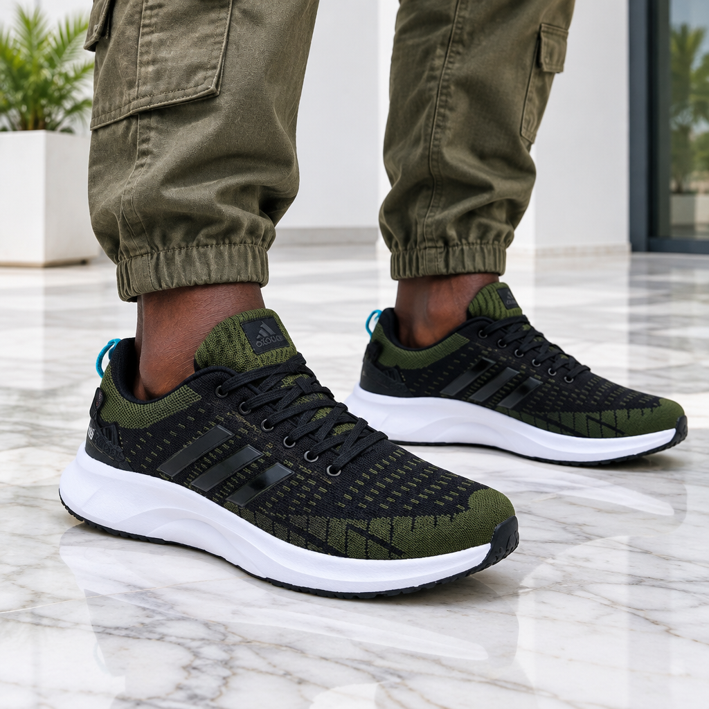 Olive Knit Running Sneaker Army Green Black – Model Shot