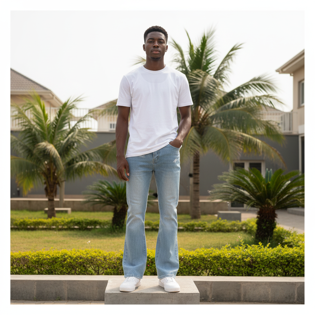 Nigerian male model full body wearing men's light blue washed planet embroidered flared denim jeans