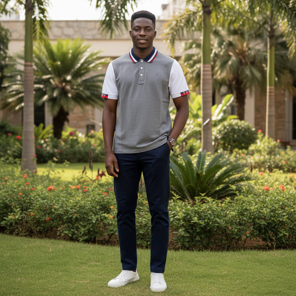 Nigerian male model wearing grey and white colour block short sleeve polo shirt