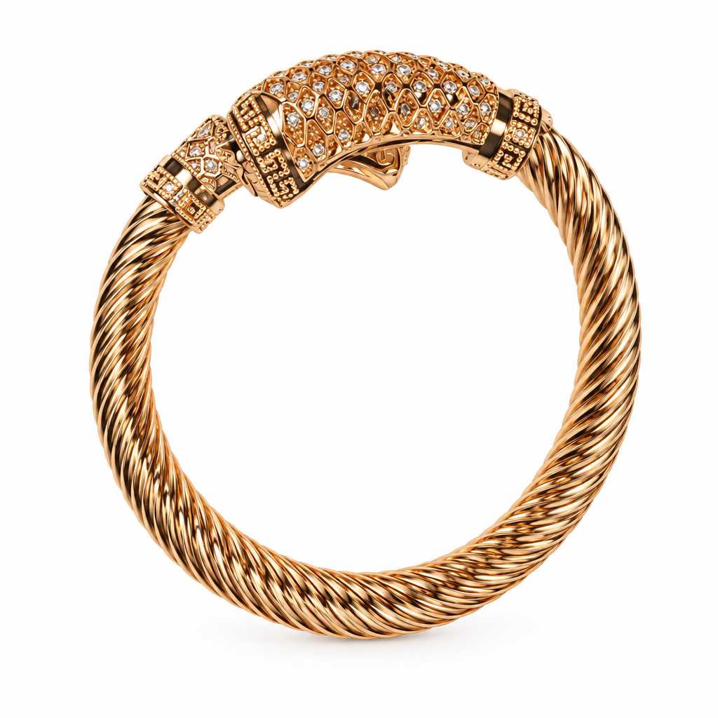 Gold Twisted Rope Serpent Head Crystal Cuff Bangle – Catalog Shot
