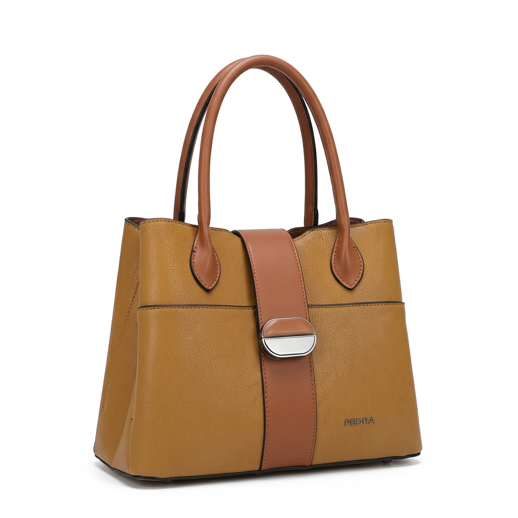 Mustard-tan tote bag with brown twin handles and central strap on white