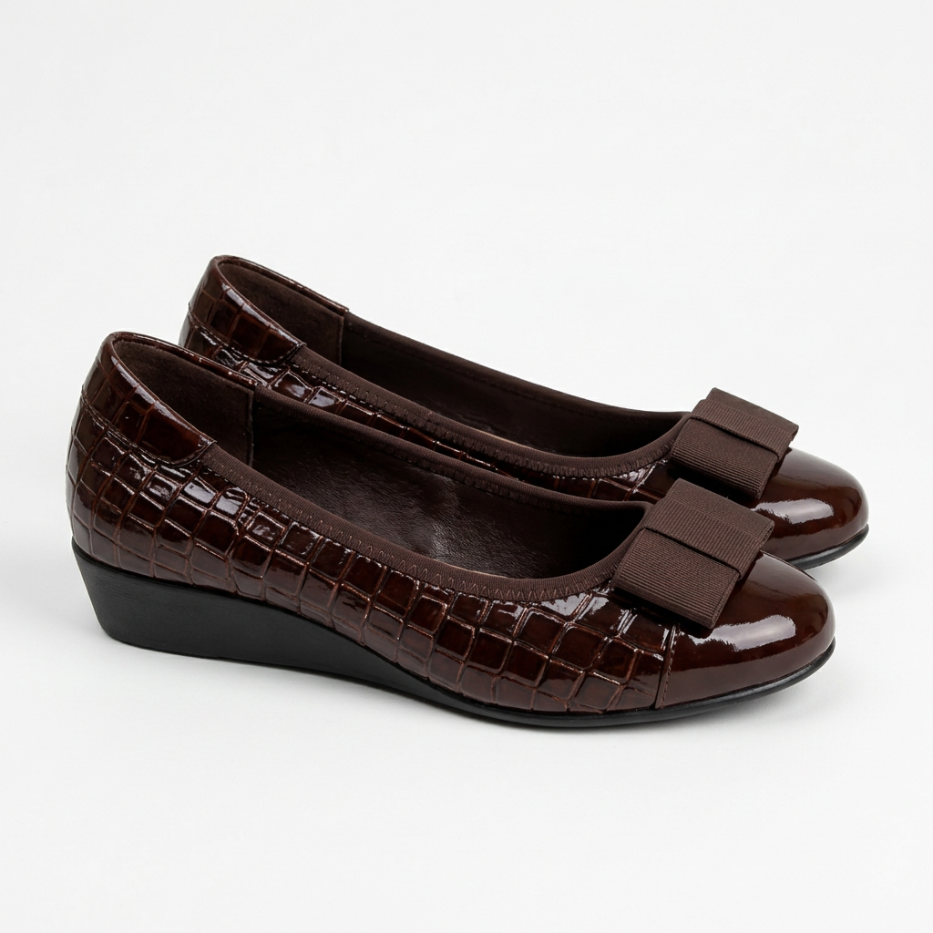 Matching dark brown croc-embossed bow wedge shoes