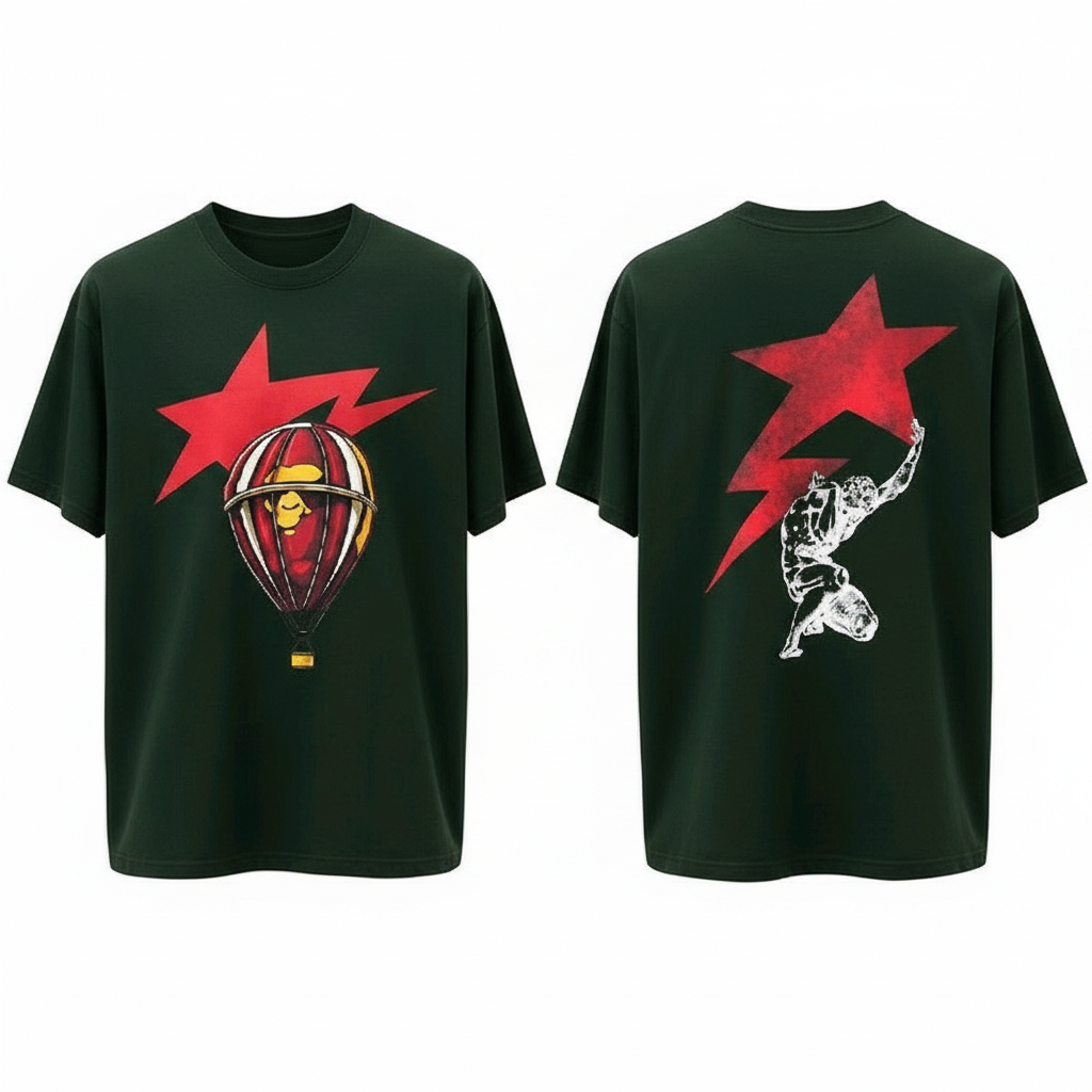 Men's dark green short-sleeve star and balloon graphic tee ghost mannequin front and back view