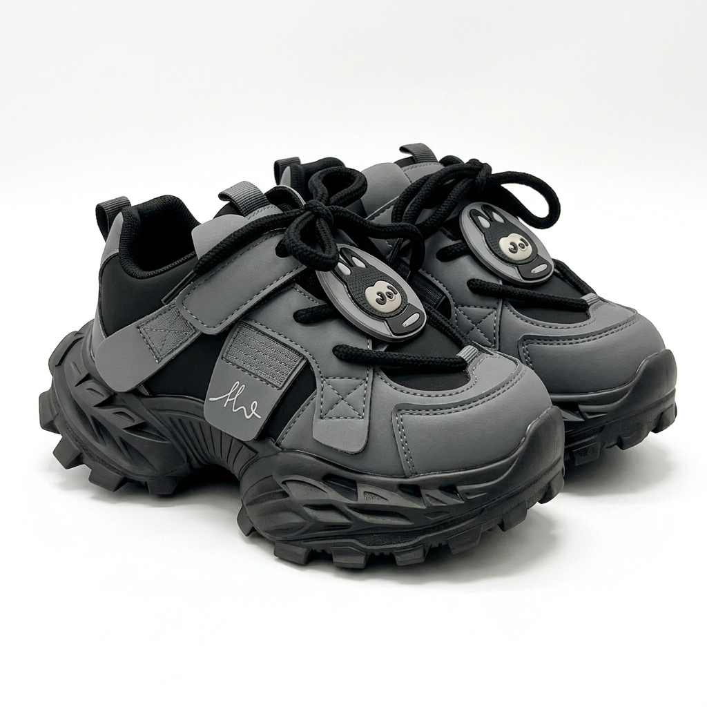 Matching grey and black face-motif chunky trainers